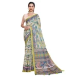 Women's Linen Floral Printed Saree With Unstitched Blouse 5.5Mtr (Pista Green) - Image 4