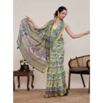 Women's Linen Floral Printed Saree With Unstitched Blouse 5.5Mtr (Pista Green) - Image 2