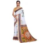 Women's Linen Floral Printed Saree With Unstitched Blouse 5.5Mtr (White) - Image 4