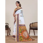 Women's Linen Floral Printed Saree With Unstitched Blouse 5.5Mtr (White)
