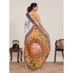 Women's Linen Floral Printed Saree With Unstitched Blouse 5.5Mtr (White) - Image 3