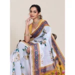 Women's Linen Floral Printed Saree With Unstitched Blouse 5.5Mtr (White) - Image 2