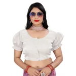 Women's Jimmy Solid Designer Neck Elastic Sleeve Readymade Blouse (White 38 , Alterable up to 42)-PID65836