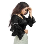 Women's Organza Solid V Neck Layered Ruffle Sleeve Readymade Blouse (Black Free Size , up to 38–40 Bust)-PID65848 - Image 2