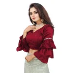 Women's Organza Solid V Neck Layered Ruffle Sleeve Readymade Blouse (Maroon Free Size , up to 38–40 Bust)-PID65854