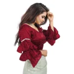 Women's Organza Solid V Neck Layered Ruffle Sleeve Readymade Blouse (Maroon Free Size , up to 38–40 Bust)-PID65854 - Image 2