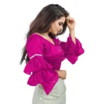 Women's Organza Solid V Neck Layered Ruffle Sleeve Readymade Blouse (Pink Free Size , up to 38–40 Bust)-PID65856 - Image 2