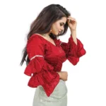 Women's Organza Solid V Neck Layered Ruffle Sleeve Readymade Blouse (Red Free Size , up to 38–40 Bust)-PID65858 - Image 3