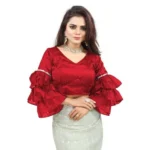 Women's Organza Solid V Neck Layered Ruffle Sleeve Readymade Blouse (Red Free Size , up to 38–40 Bust)-PID65858 - Image 4