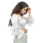 Women's Organza Solid V Neck Layered Ruffle Sleeve Readymade Blouse (White Free Size , up to 38–40 Bust)-PID65859 - Image 2