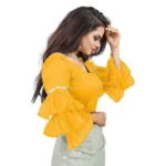 Women's Organza Solid V Neck Layered Ruffle Sleeve Readymade Blouse (Yellow Free Size , up to 38–40 Bust)-PID65860 - Image 2
