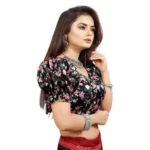 Women's Organza Printed V Neck Puff Sleeve Readymade Blouse (Black 38 , Alterable up to 42)-PID65862 - Image 2