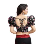 Women's Organza Printed V Neck Puff Sleeve Readymade Blouse (Black 38 , Alterable up to 42)-PID65862 - Image 3