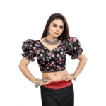 Women's Organza Printed V Neck Puff Sleeve Readymade Blouse (Black 38 , Alterable up to 42)-PID65862 - Image 4