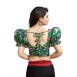 Women's Organza Printed V Neck Puff Sleeve Readymade Blouse (Green 38 , Alterable up to 42)-PID65863 - Image 3