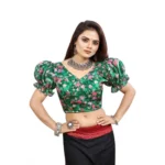 Women's Organza Printed V Neck Puff Sleeve Readymade Blouse (Green 38 , Alterable up to 42)-PID65863 - Image 4