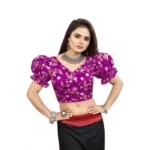 Women's Organza Printed V Neck Puff Sleeve Readymade Blouse (Light_Purple 38 , Alterable up to 42)-PID65865 - Image 4