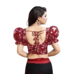 Women's Organza Printed V Neck Puff Sleeve Readymade Blouse (Maroon 38 , Alterable up to 42)-PID65866 - Image 3