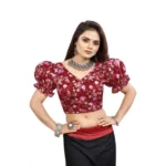 Women's Organza Printed V Neck Puff Sleeve Readymade Blouse (Maroon 38 , Alterable up to 42)-PID65866 - Image 4