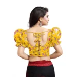 Women's Organza Printed V Neck Puff Sleeve Readymade Blouse (Mustard 38 , Alterable up to 42)-PID65867 - Image 3