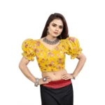 Women's Organza Printed V Neck Puff Sleeve Readymade Blouse (Mustard 38 , Alterable up to 42)-PID65867 - Image 4