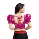 Women's Organza Printed V Neck Puff Sleeve Readymade Blouse (Pink 38 , Alterable up to 42)-PID65869 - Image 3