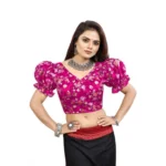 Women's Organza Printed V Neck Puff Sleeve Readymade Blouse (Pink 38 , Alterable up to 42)-PID65869 - Image 4