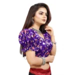 Women's Organza Printed V Neck Puff Sleeve Readymade Blouse (Purple 38 , Alterable up to 42)-PID65870 - Image 2