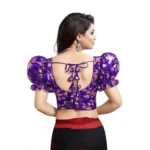 Women's Organza Printed V Neck Puff Sleeve Readymade Blouse (Purple 38 , Alterable up to 42)-PID65870 - Image 3