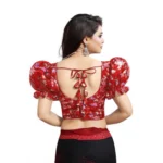 Women's Organza Printed V Neck Puff Sleeve Readymade Blouse (Red 38 , Alterable up to 42)-PID65871 - Image 3