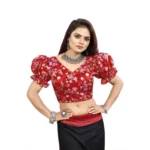 Women's Organza Printed V Neck Puff Sleeve Readymade Blouse (Red 38 , Alterable up to 42)-PID65871 - Image 4
