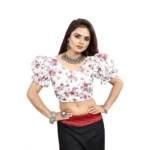 Women's Organza Printed V Neck Puff Sleeve Readymade Blouse (White 38 , Alterable up to 42)-PID65872 - Image 4