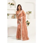 Women's Faux Linen Floral Print Ready to wear Saree With Unstitched Blouse 5.5Mtr (Peach) - Image 3