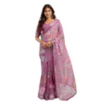 Women's Faux Linen Floral Print Ready to wear Saree With Unstitched Blouse 5.5Mtr (Pink) - Image 5