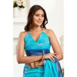 Women's Faux Linen Floral Print Ready to wear Saree With Unstitched Blouse 5.5Mtr (Light_AquaBlue) - Image 2