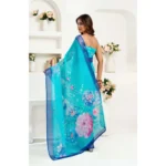 Women's Faux Linen Floral Print Ready to wear Saree With Unstitched Blouse 5.5Mtr (Light_AquaBlue) - Image 4