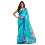 Women's Faux Linen Floral Print Ready to wear Saree With Unstitched Blouse 5.5Mtr (Light_AquaBlue) - Image 5