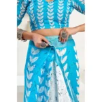 Women's Faux Linen Leaf Print Ready to wear Saree With Unstitched Blouse 5.5Mtr (SkyBlue & White)