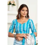 Women's Faux Linen Leaf Print Ready to wear Saree With Unstitched Blouse 5.5Mtr (SkyBlue & White) - Image 2