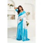 Women's Faux Linen Leaf Print Ready to wear Saree With Unstitched Blouse 5.5Mtr (SkyBlue & White) - Image 3