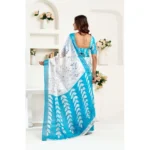 Women's Faux Linen Leaf Print Ready to wear Saree With Unstitched Blouse 5.5Mtr (SkyBlue & White) - Image 4