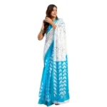 Women's Faux Linen Leaf Print Ready to wear Saree With Unstitched Blouse 5.5Mtr (SkyBlue & White) - Image 5