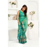 Women's Faux Linen Floral Ready to wear Saree With Unstitched Blouse 5.5Mtr (Green) - Image 3