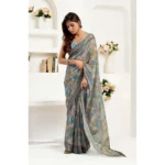 Women's Faux Linen Abstract Print Ready to wear Saree With Unstitched Blouse 5.5Mtr (Grey) - Image 3