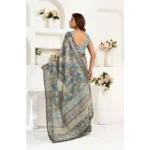 Women's Faux Linen Abstract Print Ready to wear Saree With Unstitched Blouse 5.5Mtr (Grey) - Image 4
