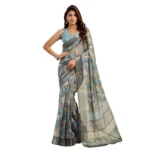 Women's Faux Linen Abstract Print Ready to wear Saree With Unstitched Blouse 5.5Mtr (Grey) - Image 5