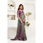 Women's Faux Linen Printed Ready to wear Saree With Unstitched Blouse 5.5Mtr (Multicolor) - Image 3