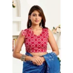 Women's Faux Linen Floral Print Ready to wear Saree With Unstitched Blouse 5.5Mtr (Blue) - Image 2
