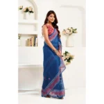 Women's Faux Linen Floral Print Ready to wear Saree With Unstitched Blouse 5.5Mtr (Blue) - Image 3
