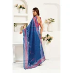 Women's Faux Linen Floral Print Ready to wear Saree With Unstitched Blouse 5.5Mtr (Blue) - Image 4